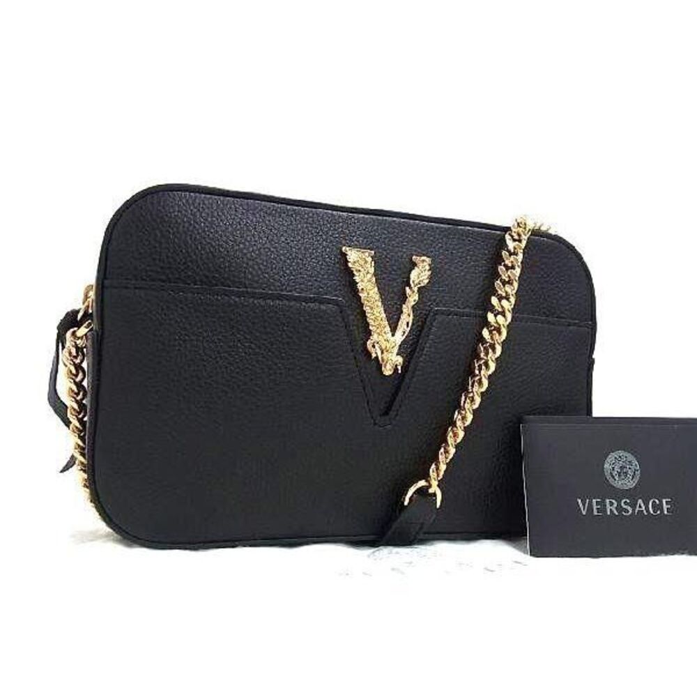 VERSACE Leather Chain Shoulder Bag Crossbody Black